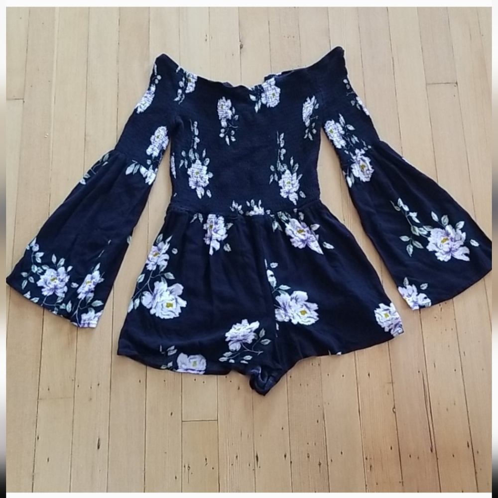 ◾️BLACK ◾️Kendall and Kylie Smocked, Floral,Off Shoulder, Bell Sleeve Romper - Picture 3 of 4